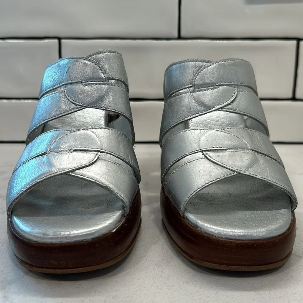 Zodiac Hype Leather Wood Platform Silver Metallic Retro Stacked Heels Size 9